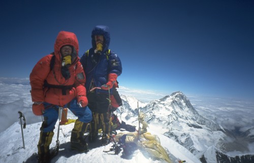 Climbers at the top of Mount Everest.